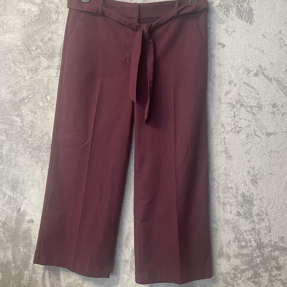 LOFT Size 4 Wide-Leg Cropped Square Pants Women's Maroon Flat Front Belted